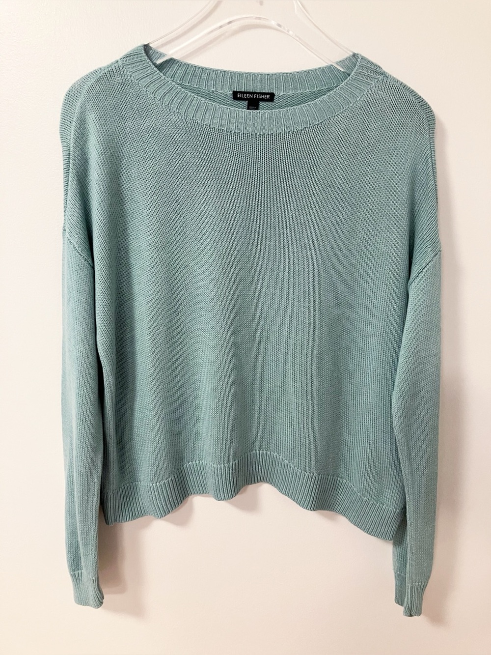 Eileen Fisher | Green Cotton Silk Crew Neck Sweater S Chic Boxy Minimalist